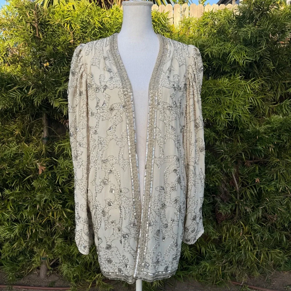 JACK BRYAN Embellished Beaded Sequin Jacket‎ Cream Formal Evening Women 10
